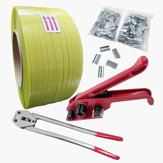 Banding Strapping Kit with 1/2" X3200 ft Yellow Polyester (PET) Band 200 Metal Seals Tensioner Sealer Tool for Pallet Box Packaging