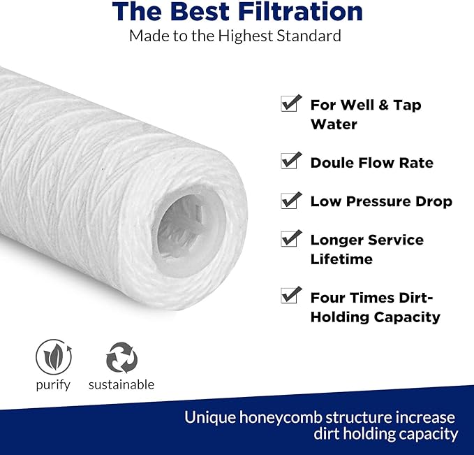 Membrane Solutions 20 Micron String Wound & 50 Micron Pleated Sediment Water Filter Cartridge, 10"x2.5" (Pack of 10)