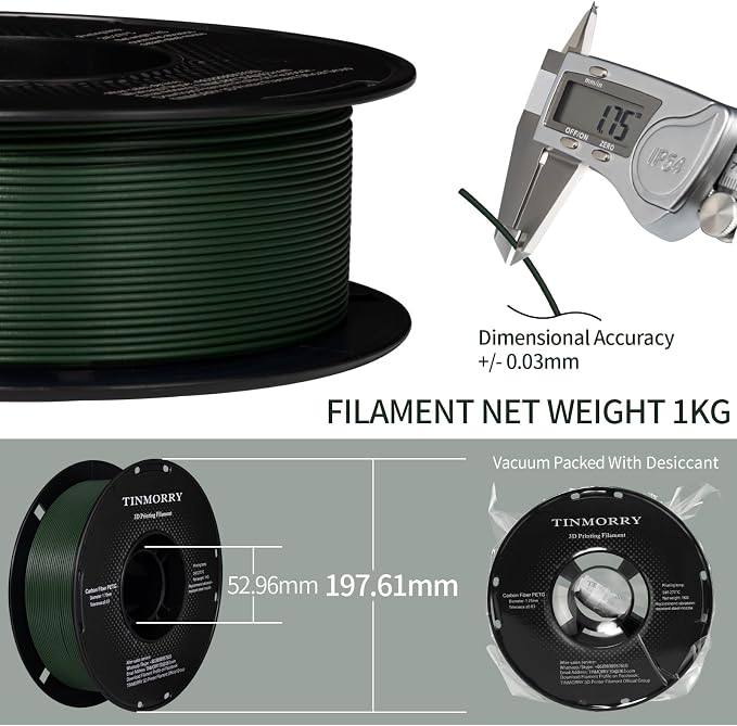 TINMORRY Carbon Fiber PETG Filament 1.75 mm, High Rigidity & Strength PETG CF 3D Printer Filament, Compatible with Most FDM 3D Printers, 1 KG 1 Spool, Olive Green