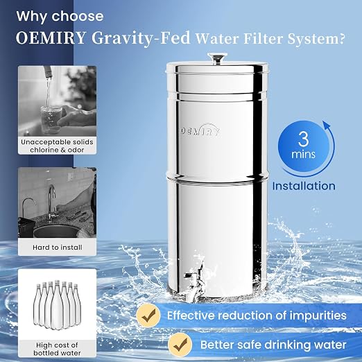 Gravity Water Filter System, 3.25G Stainless Steel Countertop System Water Purifier with Stand, Reduce 99% Chlorine for Home Camping Backpacking RVing, 3 Carbon Filters