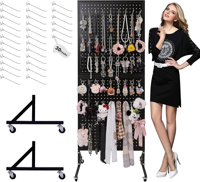 2'×5.5' Standing Peg Board Display Stand with Wheels & 30 Hooks & T-Base, Metal Portable Heavy Duty Pegboard Display Rack with Locking Casters for Retail Store, Craft Show, Vendors, Art Display Black