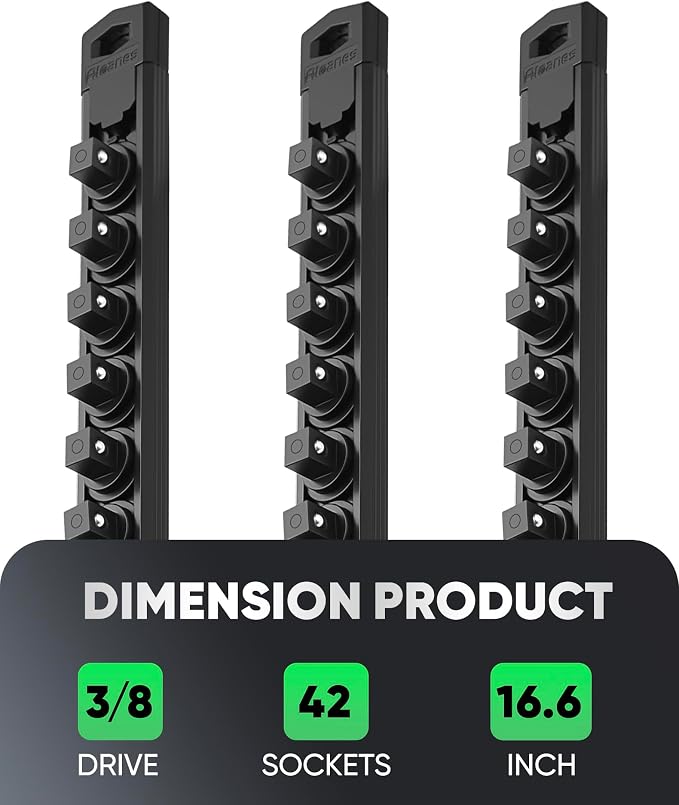 ALOANES Magnetic Socket Organizer Set, 3-Piece Heavy Duty Aluminum Socket Rails, 360° Swivel Clips Socket Rail Kit for Tool Tray Drawer Fit 3/8-Inch x 42 Clips (Black, 3PC)