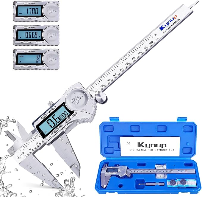 Kynup 0-12 Inch Digital Caliper, Caliper Measuring Tool with Stainless Steel, IP54 Waterproof Protection Design, Easy Switch from Inch Metric Fraction, Large LCD Screen (200mm/300mm)