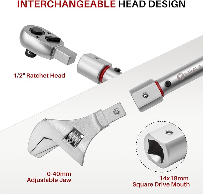 Adjustable Open End Torque Wrench 1/2" Drive-10-120 Ft-Lb for HVAC | 40MM 1/2 Inch Pound Torque Wrench(13.6-162.6Nm), Interchangeable Jaw&Ratchet Head for Car Moto Narrow Pipeline DIY
