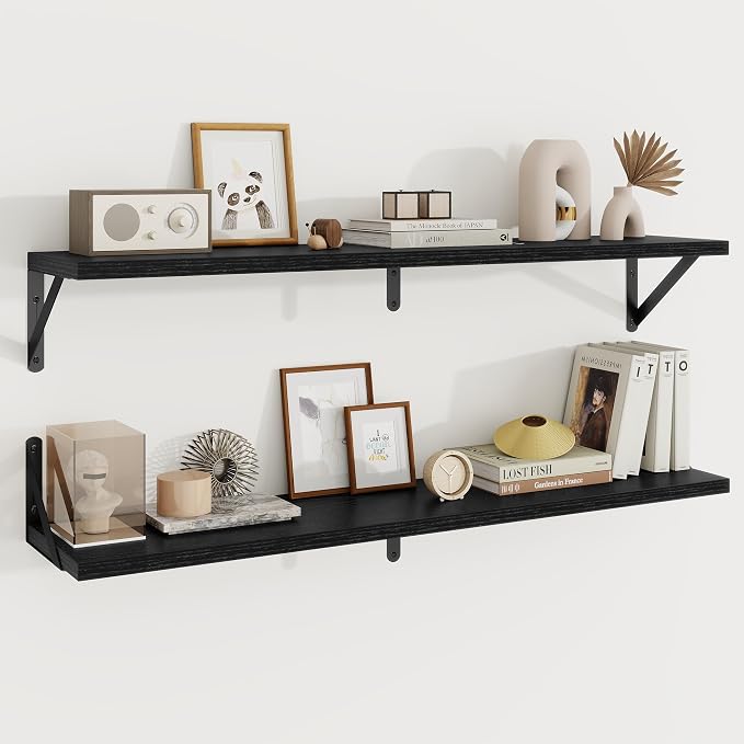 Floating Shelves 8 Inch Deep, 36W x 8D Wall Shelf Set of 2, 60 lbs Heavy Duty Reversible Metal Brackets, Industrial Book Shelf for Living Room Kitchen Bathroom Bedroom Gallery Wall, Black