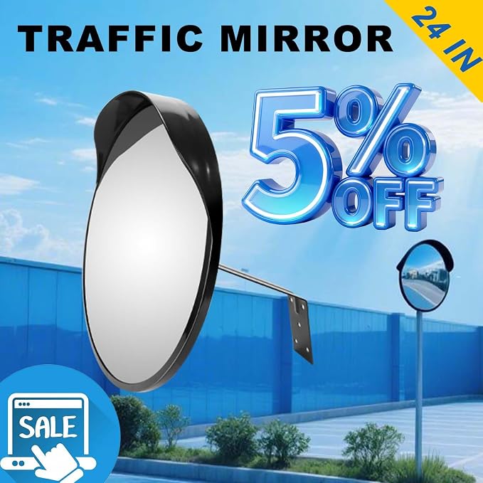 24" Unbreakable Convex Traffic Mirror – Adjustable Bracket, Wide-Angle Security Mirror for Retail Store, Garage, Warehouse, Blind Spot, Office, Parking Lot, Blind Spots Outdoor