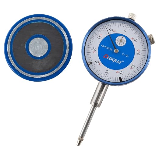 Dasqua 0-1 Inch Dial Indicator with Magnetic Back – 0.001" Graduation, 3/8" Stem, Group 2 DIN878 Precision Gauge, 20KG Magnetic Force, Removable Base, Fitted Storage Case – Model 5122-4211