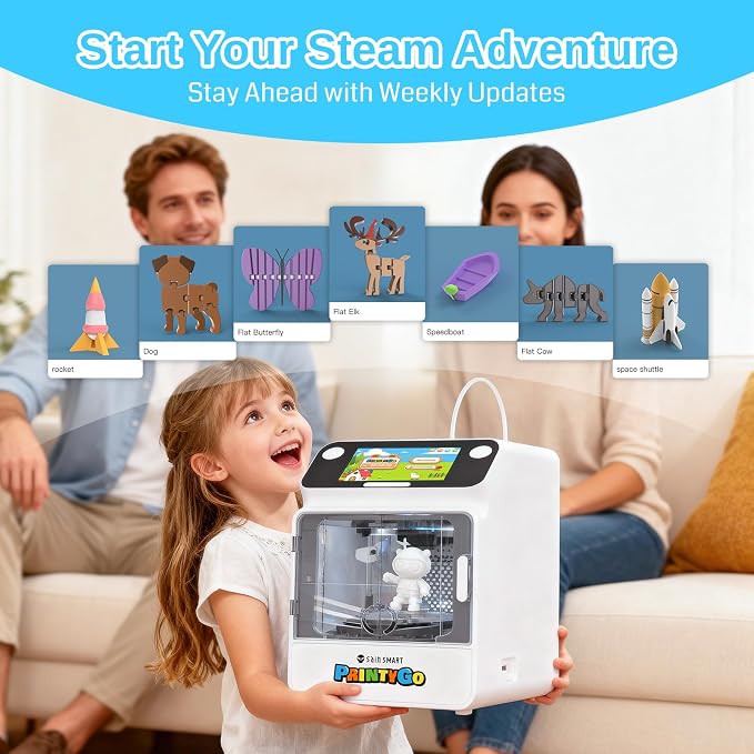 SainSmart PrintyGo Mini 3D Printer for Kids, 600mm/s Auto Leveling Printer for Beginners with 5" Touch Screen, 1500+ Models, Child-Safe Design, Wi-Fi/App Control, Pre-Assembled for STEM Learning Gift