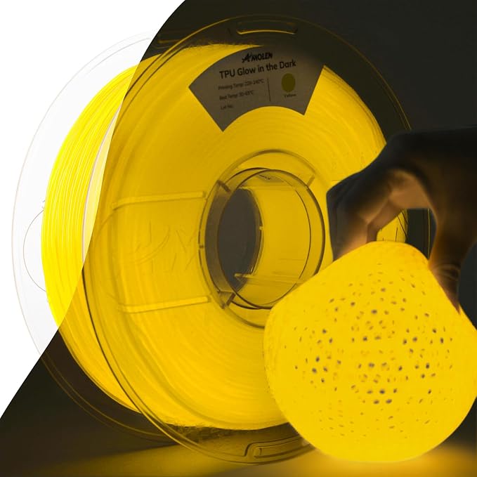 AMOLEN 95A TPU 3D Printer Filament, 1.75mm Glow in The Dark Yellow, Soft TPU Flexible 3D Printing Filament, Best with UV Lamps, 1kg Spool, Dimensional Accuracy +/- 0.02 mm, Fit Most 3D Printers