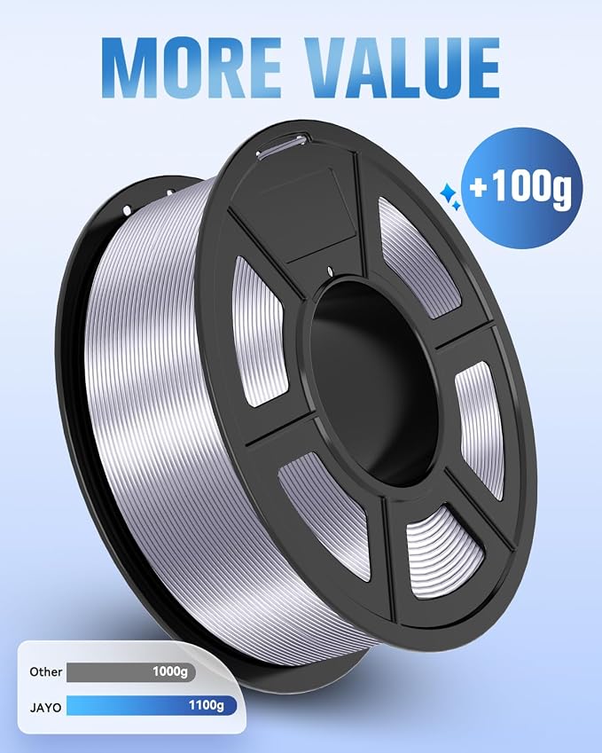 JAYO Silk PLA Filament 1.75mm Silver 1.1kg, Metal-Like Shiny PLA, Smooth Silky Finish, Easy to Print, Accuracy +/- 0.02mm, Fits for Most FDM 3D Printers