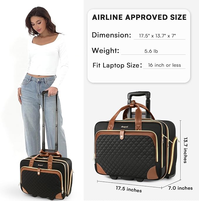 Arcoyard Rolling Laptop Bag, Rolling Briefcase for Women with Waterproof Pocket, 16 Inch Computer Bag, Underseat Carry On Luggage with Wheels for Work Travel Business, Lightweight Black Brown