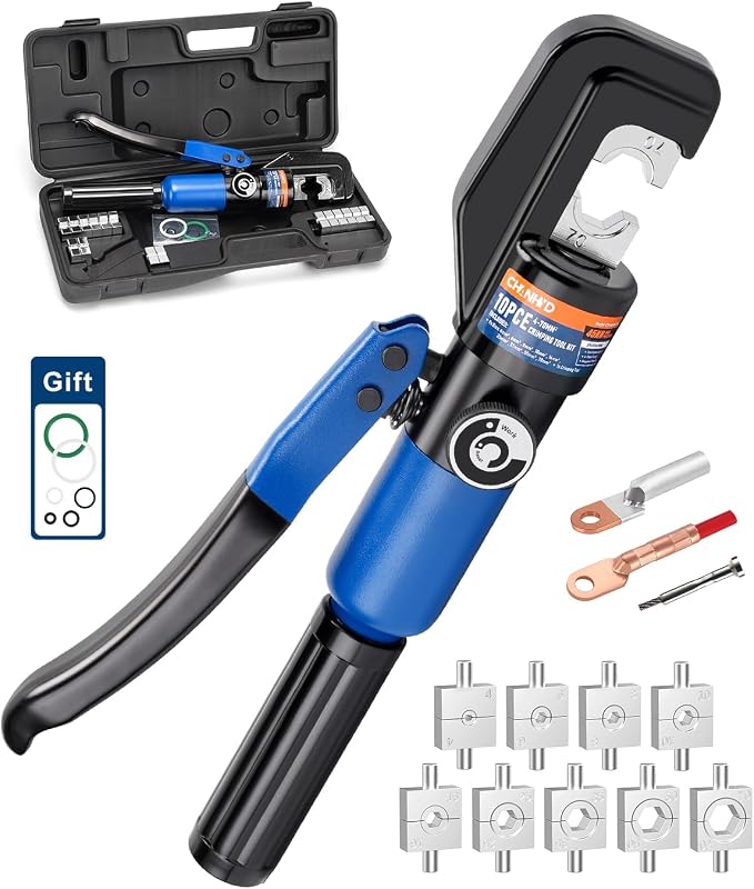 Hydraulic Wire Battery Cable Lug Terminal Crimper - 9 Dies for 12 AWG to 2/0 Electrical Terminal Cables Crimping Tool Kit