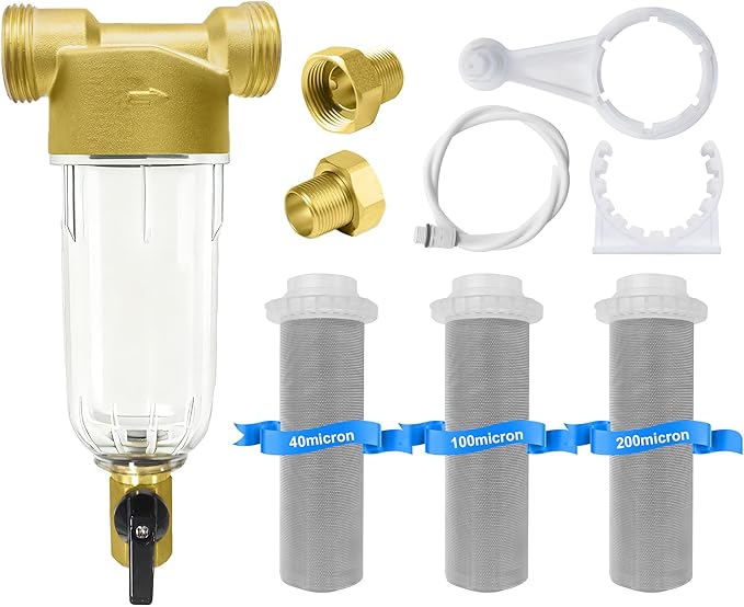 POHIR Spin Down Sediment Filter 40/100/200 Micron, Reusable Water Filter for Whole House Pre-Filtration System, 1" MNPT + 3/4" FNPT + 3/4"MNPT with Sewage Drain Pipe