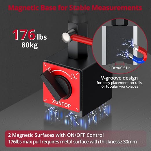 XUNTOP 0-1"/0.0005" Digital Dial Indicator and 176lbs (80kg) Max Pull Magnetic Base Inch/Metric Electronic Indicator and 360°Flexible Stem Holder for 3D Printer Lathe Workshop CNC Machine Table Saw
