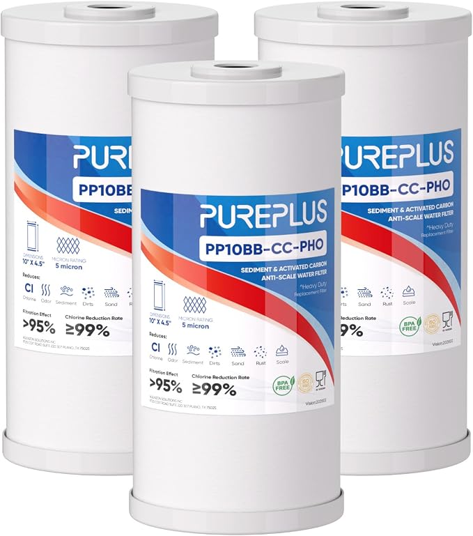 PUREPLUS 10" x 4.5" Whole House Scale Inhibitor & Sediment Filter Compound for Well/TAP Water–Compatible with GE FXHTC, GXWH40L, GXWH35F, GNWH38S, Culligan RFC-BBSA, WRC25HD, Pentek RFC-BB,3Pack