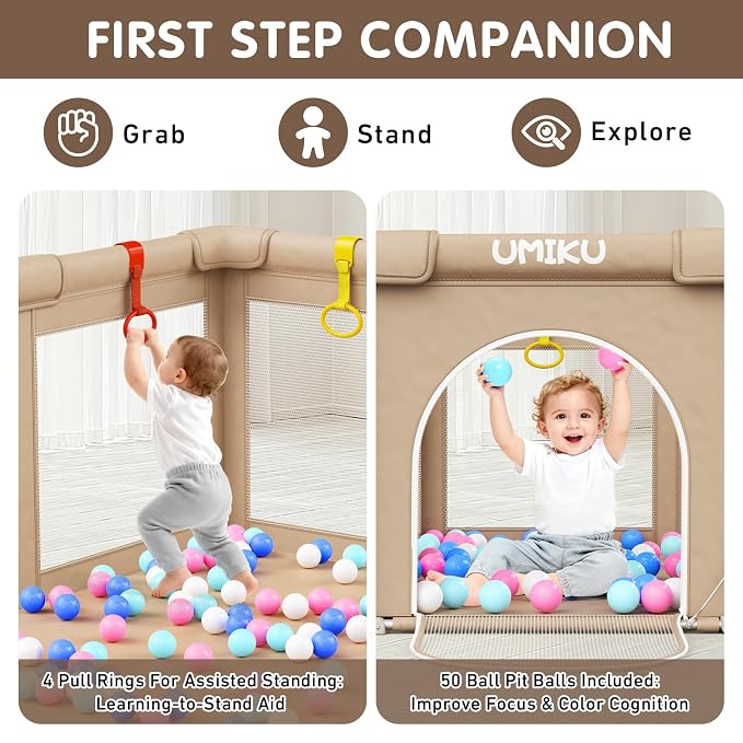 Baby Playpen Foldable Playpen for Babies and Toddlers, Large Playpens Portable Play Pen Play Yard for Kid Fence Indoor Outdoor Travel 4 Handlers 50 Balls Baby Newborn Infant Gifts 50"X50" Khaki