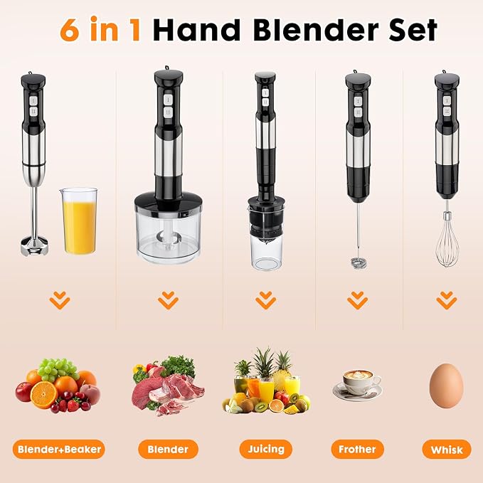 Immersion Blender Handheld Cordless 6 in 1 Hand Held Blenders Mixer Stainless Steel 25 Speed Turbo Mode Electric Sitck Beaker Chopper Milk Frother Grinder