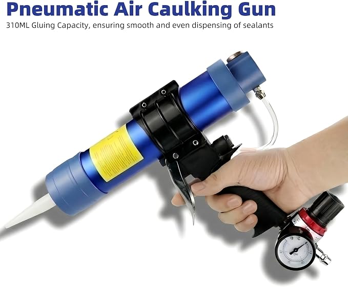 Pneumatic Caulking Gun, 310ml Dripless Sausage Silicone Caulking Gun, Air Powered Glass Glue Sealant Gun Applicator Tool, with Pressure Gauge & Regulator, for Filling and Sealing