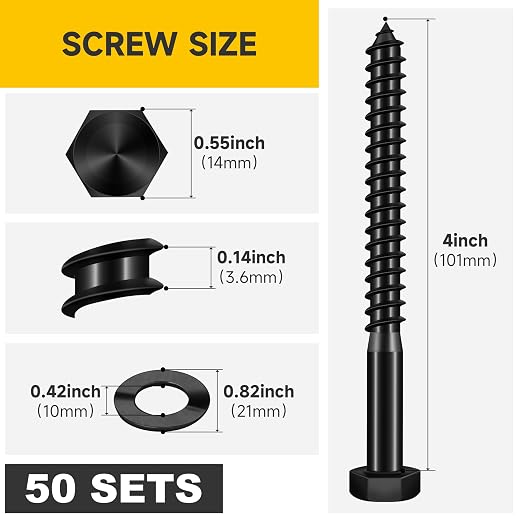Mywish (50Sets) 3/8" x 4" Lag Bolts, 304 Stainless Steel 3/8 inch Lag Screws Bolts for Wood, Heavy Duty Hex Head with Flat Washers Bolt Kit, Black Oxided