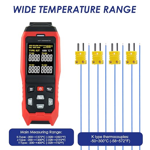 Thermocouple Thermometer Temperature Data Logger 4-Channel K/J/T Type Thermometer with 5000 Groups Data Logging and USB Export, -328~2501℉ Range HVAC Thermocouple Meter with Alarm & ADJ Compensation