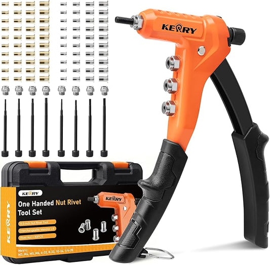 Kerry Rivet Nut Gun Tool, One-Handed Riveters 9.5" Rivnut Tool Kit with 8 Metric and SAE Mandrels 80PCS Rivet Nuts, 6-32 8-32 10-24 1/4-20 M3 M4 M5 M6 with Carrying Case Ideal for Automotive Work