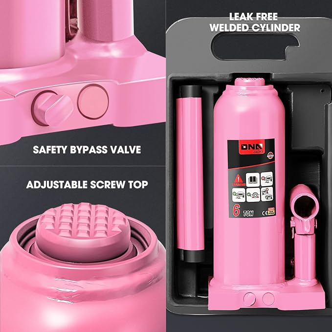 DNA Motoring 6 tons / 13228 lbs Lifting Automotive Welded Hydraulic Bottle Jack for Repair Vehicle, Pickup, Truck, w/Manual Handle, Pink, TOOLS-00355-PK