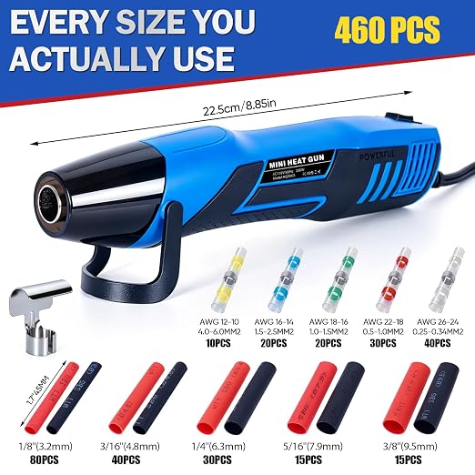 350W Mini Heat Gun Kit with 460pcs Waterproof Solder Seal Wire Connectors & 3:1 Heat Shrink Tubing, Dual-Temp 482°F/752°F (250°C & 400°C) Fast Heating for Automotive, Marine, Wiring Repair 10-26 AWG