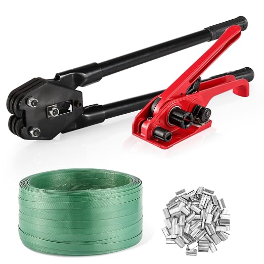 Banding Packaging Pallet Strapping Kit with Strapping Tensioner Tool,Banding Sealer Tool. 5/8″x 852′925lbs Break Strength Polyester Strapping with 100 Metal Seals for Pallets, Logistics, Warehouse