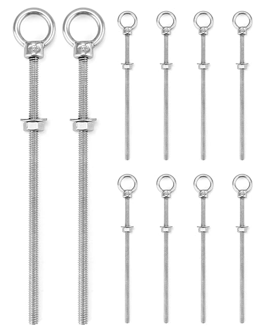 QWORK Threaded Eyebolts, 10 Pack 1/4" x 6" Long Stainless Steel Marine Grade Shoulder Eye Bolt