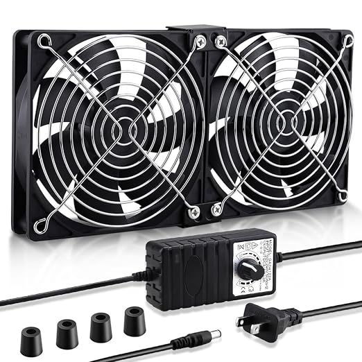 Wathai 2 x 120mm 240mm Computer Fan with AC Plug Cabinet Fan 110V 240V | Dual Ball Big Airflow 12V Cooling Fan with Variable Speed Control for External PC Case Cooling computer cabinet vent