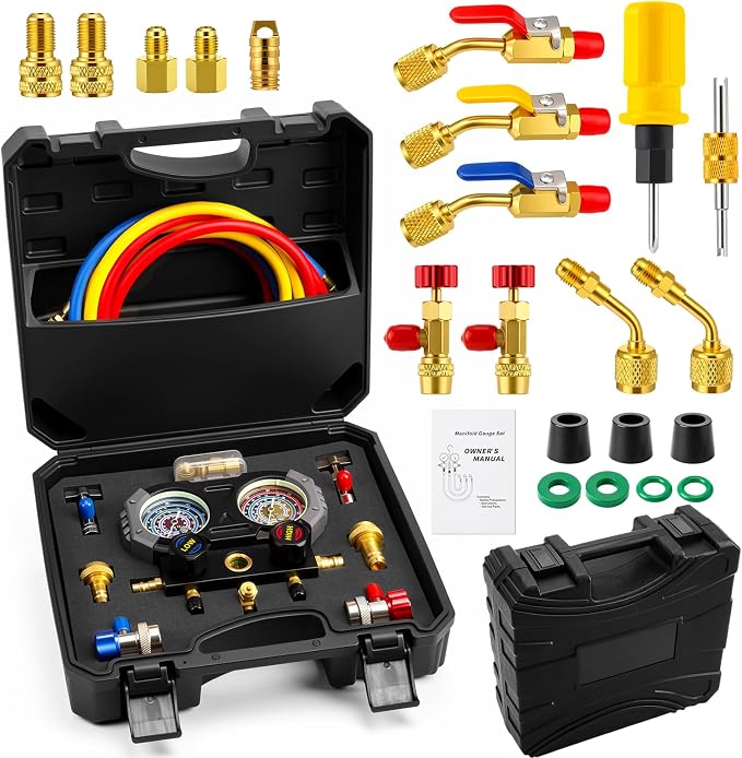 Tellegloww HVAC A2L Analog Manifold Gauge Set for R22 R32 410A 134A R454B Refrigerant with Hose Kit, 4 Refrigerant Angled Compact Ball Valve and 2 R410A Adapter 2 R454B Adapter