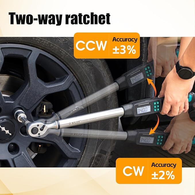 1/2” Digital Torque Wrench Set 7.5-250.8 ft-lb/10.2-340 Nm, ±2% Accuracy, LED & Buzzer Alerts, with 3 Adapters (1/4", 3/8"& Extension Bar), Industrial CR-V Steel for Car, Motorcycle, Bike Repair