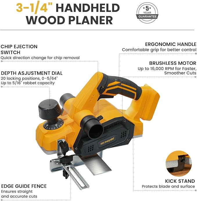 Brushless Cordless Hand Planer Compatible with Dewalt 20V MAX Battery (Tool Only), 16000 RPM 3-1/4 Inch, w/Dual Dust Ports, Portable Handheld Power Planer for Woodworking,DIY, Chamfer