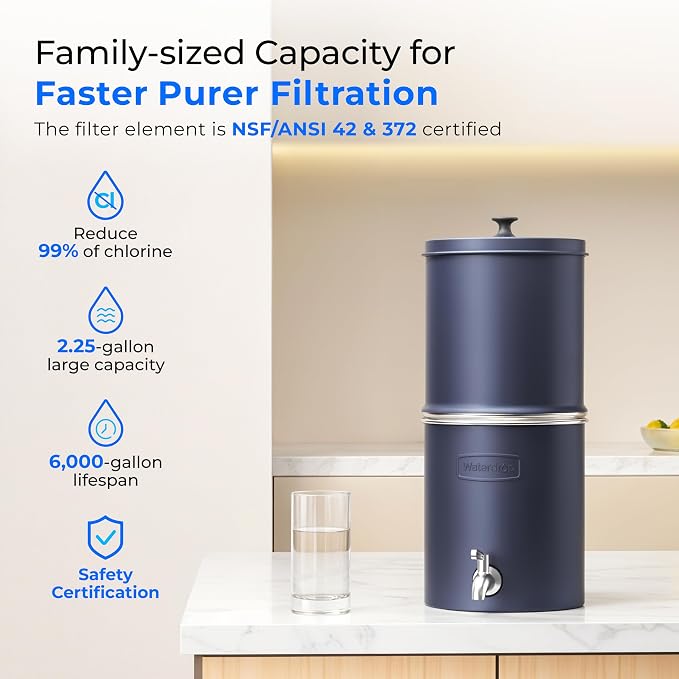 Waterdrop TK-AP Gravity Water Filter System, NSF/ANSI 42&372 Standard, Stainless Steel Water System with 2 Carbon Filters, Reduces Lead and Chlorine for Home, Emergencies, Blue, 2.25G