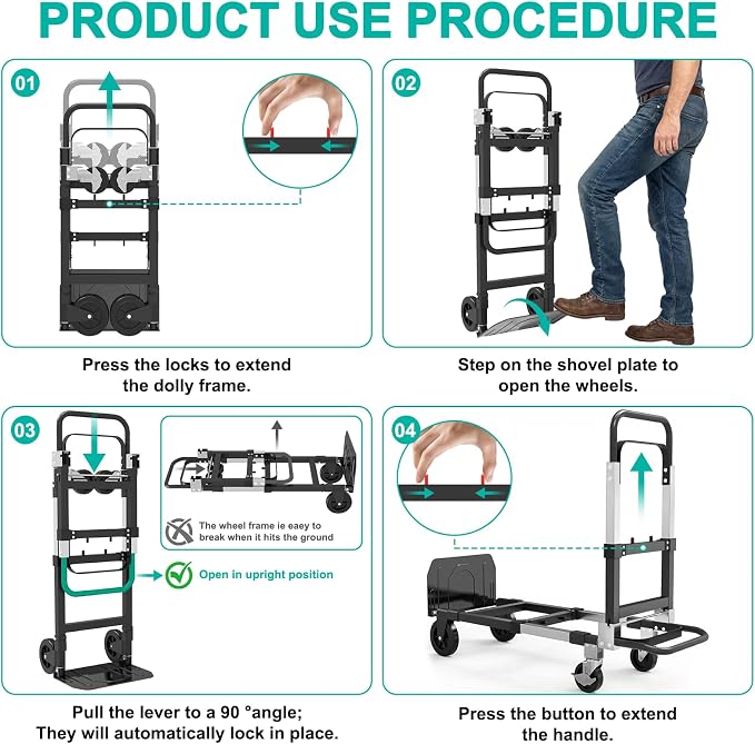 3-in-1 Folding Hand Trucks, 500lbs Convertible Dolly, Dolly Cart with Wheels Heavy Duty, Moving Cart with Retractable Handle, Collapsible Trolley for Moving Office/Home/Warehouse/Boxes/Cartons (Black)