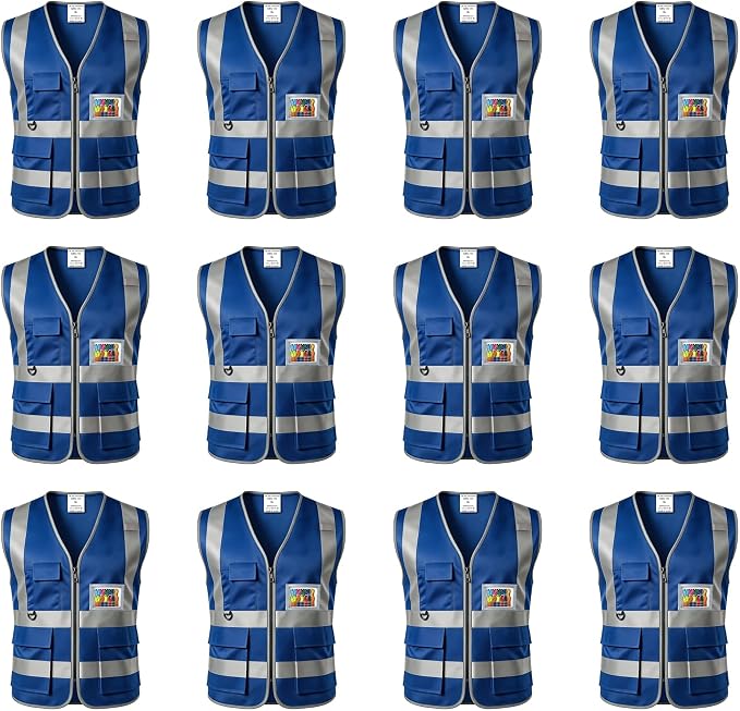 12 Pack Hi Vis Reflective Safety Vest Multi Pockets & Zipper Class2 | Construction Work Vest for Men and Women,Warehouse Crews,Road Workers,Volunteers,Security,Baggage Handling,Survey,Airport