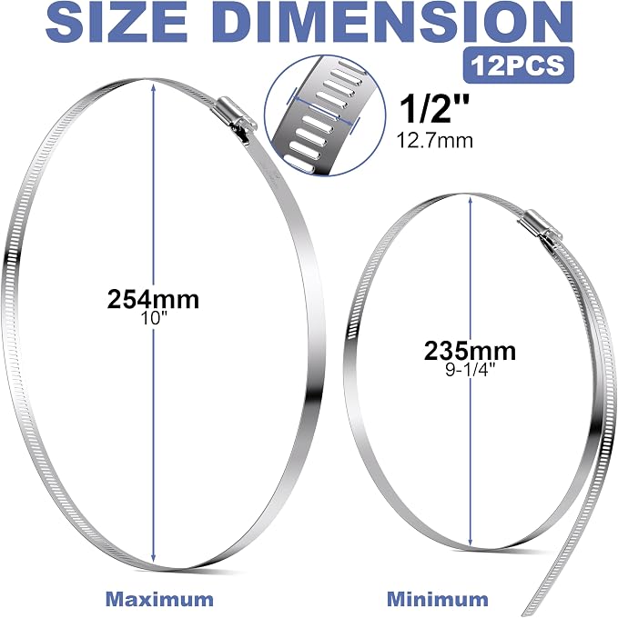 12Pack 10 inch Hose Clamps,Stainless Steel Large Hose Clamp Adjustable from 9-1/4"-10"/235-254mm,Metal Worm Gear Duct Clamp for Dryer Vent Hose,Fuel Line,Plumbing,Automotive,Exhaust,Radiator,Garden