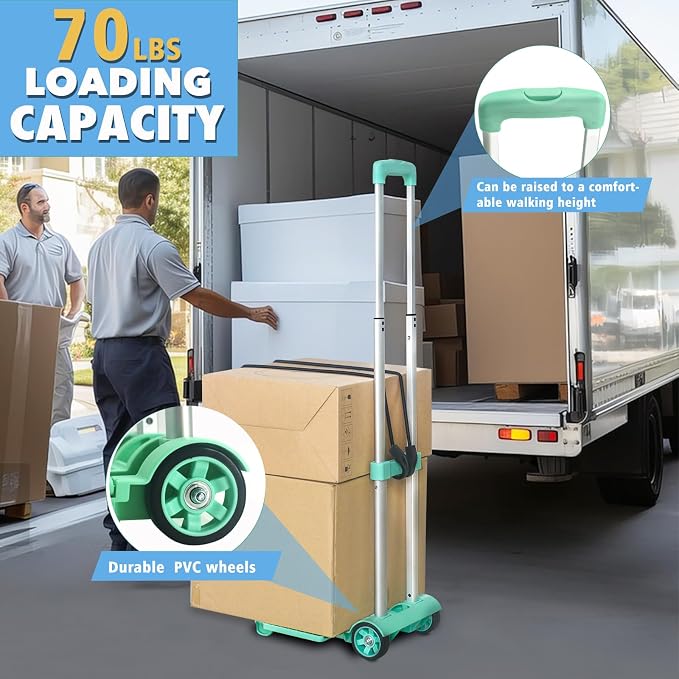 Folding Hand Truck Dolly Cart,Collapsible Shopping Trolley,Mini Lightweight Hand Dolly,Backpack Trolley,Luggage Cart,Aluminum Telescopic Rod,2 Wheel Trolley Expandable Large Chassis,Mint Green