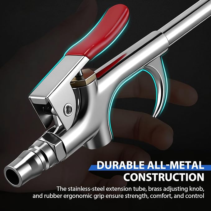 Long Reach Pneumatic Air Blow Gun, Extension Air Nozzle Blower Wand Fit 1/4" NPT Inlet & Lever Grip, Heavy Duty Industrial Blow Gun Pneumatic Tool for Radiator Compressor(17–27.5 Inch)