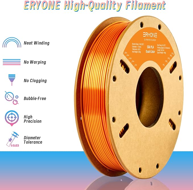 ERYONE PLA Filament 3D Printer Filament Multicolor 1.75mm +/- 0.03mm, PLA Filament 250g Spool, Silk Dual Color Red Gold