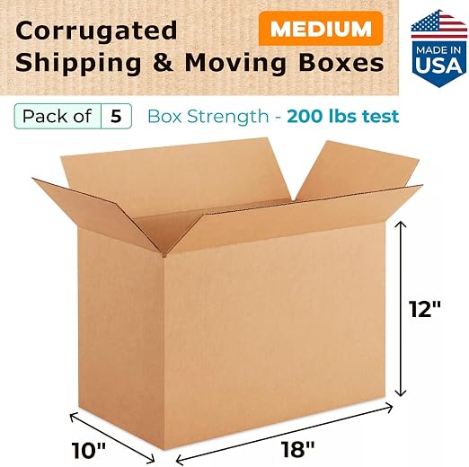 Medium Shipping & Moving Boxes 18 x 10 x 12 inches (5-Pack) - Extra Strength 200 lb vs Regular - USA-Made Corrugated Medium Moving Boxes - Box for Moving for USPS, UPS, FedEx by IDL Packaging