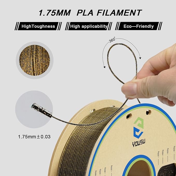 YOUSU 3D Printer Filament PLA Filament 1.75mm Gold 3D Effect Glitter-Black filament1kg(2.2lbs).