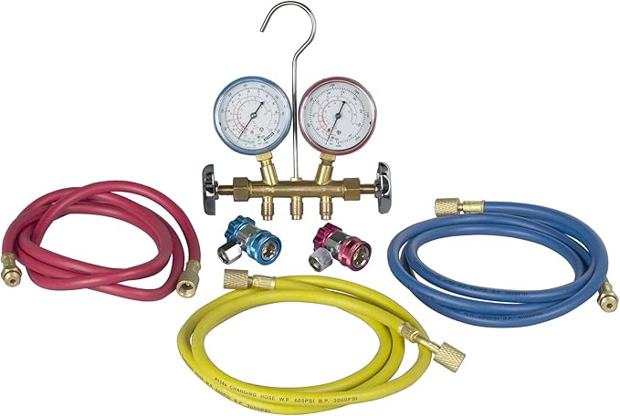 Robinair 48134A R134A Brass Manifold, Hose Set and Service Couplers - Set Includes Manifold with Gauges, High and Low Side 90 Degree Couplers, and Red, Yellow, and Blue 60" Long Hoses
