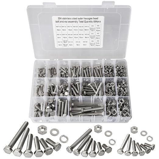 M4 M5 M6 Metric Bolt Assortment Kit 10mm to 50mm, A2-70 Hex Bolt, 304 Stainless Steel Heavy Duty Flat Hex Head Screws Bolts and Nuts Kit, Nuts Flat and Lock Washers(Silver), 584PCS
