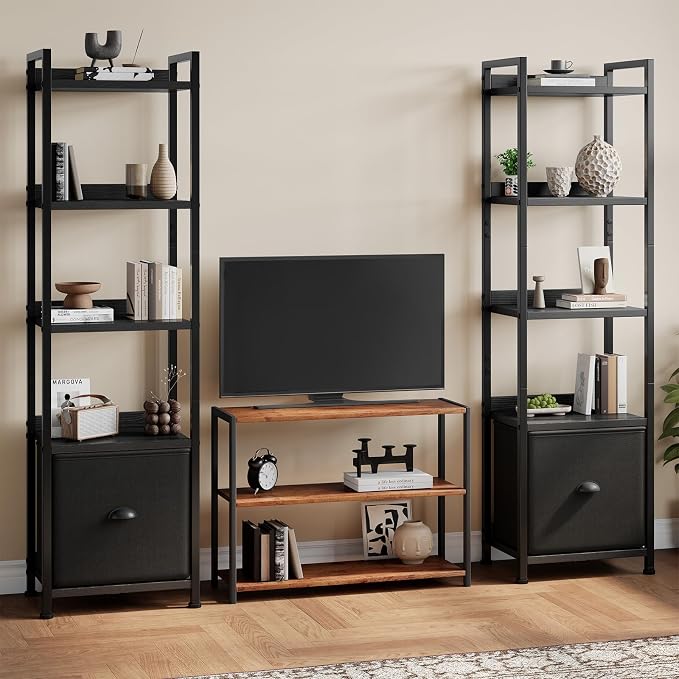 DUMOS 5 Tier Bookshelf with Fabric Drawer, Tall Industrial Bookcase, Narrow Display Standing Shelf, Black Wood and Metal Storage Shelf Organizer in Bedroom, Living Room, Black