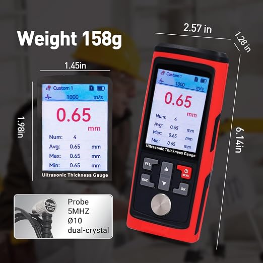 Ultrasonic Metal Thickness Gauge, Metal Gauge Thickness Tool, Measurement Range 1MM to 300MM, 0.01MM Resolution, Measuring 882X / Steel, Metal, Plastic, Glass, PVC, Pipes Thickness,Auto Calibration
