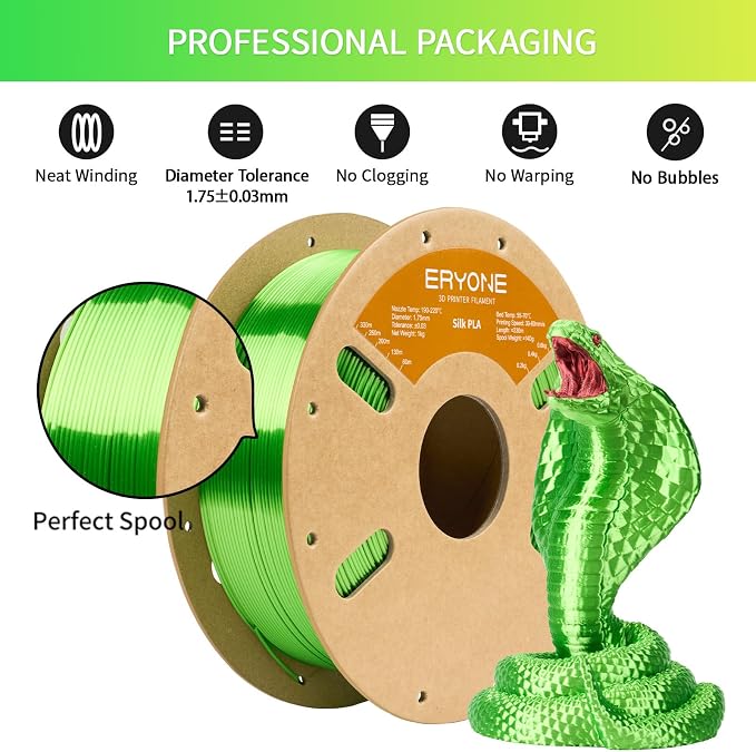 ERYONE Silk PLA Filament for 3D Printer 1.75mm +/- 0.03mm, Shiny Filament 1kg (2.1lbs)/Spool, Green Apple