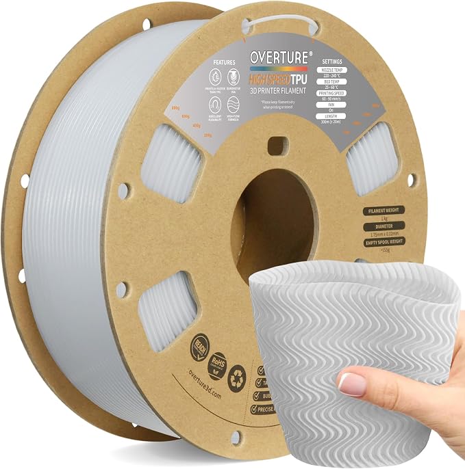 OVERTURE High Speed TPU 95A Flexible 3D Printer Filament 1.75mm | High Elasticity & Durability Filament,1kg Spool(2.2lbs),Fit Most FDM Printer(HS TPU White)
