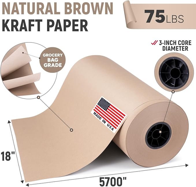 18" Paper Dispenser with Cutter + 75 lb Natural Brown Kraft Paper Roll | Heavy-Duty Steel Holder and 18" x 475 ft USA-Made Grocery Bag Grade Kraft Paper for Packaging, Void Fill, Shipping & Moving