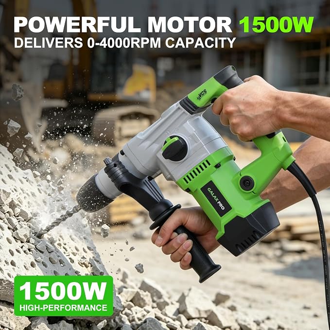 GALAX PRO SDS-Plus Rotary Hammer Drill 1500W 0-4000RPM, 4 in 1 Functions | 360° Anti Vibration Auxiliary Handle, Heavy Duty Electric Rotary Hammer Drill with Case,for Metal, Wood, Brick, Plastic